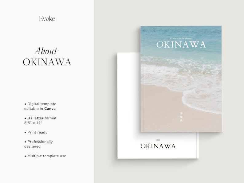 Minimalist travel photo book template in Canva featuring an Okinawa beach layout, DIY coffee table book design with modern editorial style and clean aesthetic pages, evoke layout studio