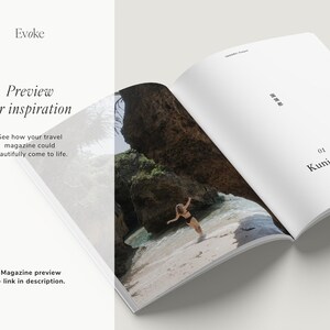 Minimalist travel photo book template in Canva featuring an Okinawa beach layout, DIY coffee table book design with modern editorial style and clean aesthetic pages, evoke layout studio