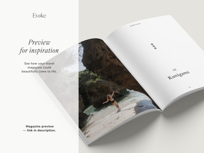 Minimalist travel photo book template in Canva featuring an Okinawa beach layout, DIY coffee table book design with modern editorial style and clean aesthetic pages, evoke layout studio