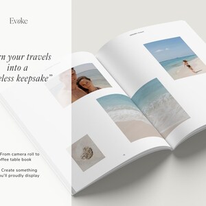 May include: An open, white book with photographs of travel destinations. The text "Evoke" is at the top, with the phrase "Turn your travels into a timeless keepsake" below. Additional text reads "From camera roll to coffee table book" and "Create something you'll proudly display."