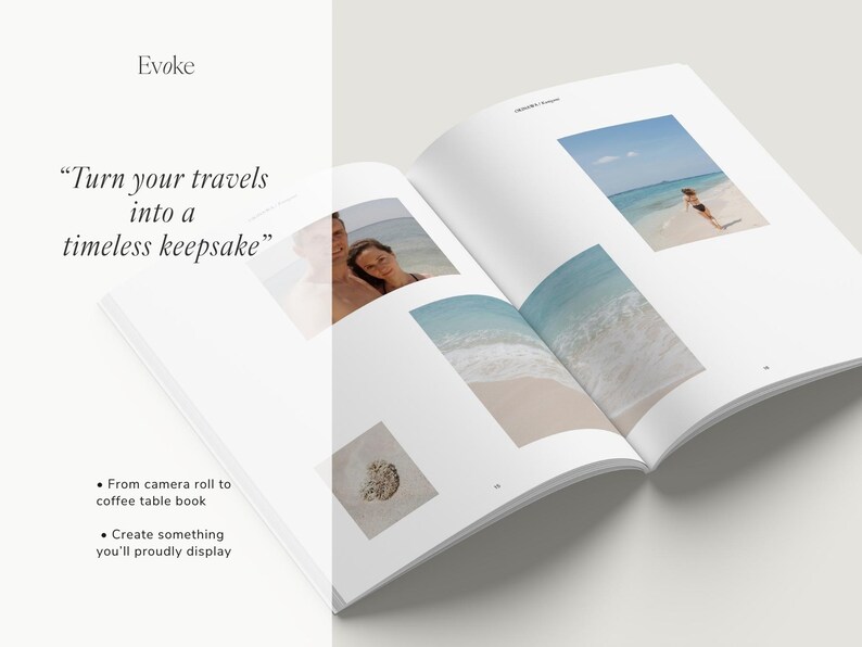 May include: An open, white book with photographs of travel destinations. The text "Evoke" is at the top, with the phrase "Turn your travels into a timeless keepsake" below. Additional text reads "From camera roll to coffee table book" and "Create something you'll proudly display."