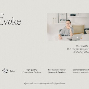 May include: A promotional image for Evoke, featuring a woman at a desk with a laptop. Text includes "Why Evoke," "Hi, I'm Jutta, B.A. Graphic Designer & Photographer," and details about the seller, designs, and services.