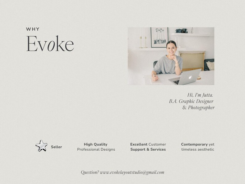 May include: A promotional image for Evoke, featuring a woman at a desk with a laptop. Text includes "Why Evoke," "Hi, I'm Jutta, B.A. Graphic Designer & Photographer," and details about the seller, designs, and services.