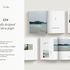 Minimalist travel photo book template in Canva featuring an Okinawa beach layout, DIY coffee table book design with modern editorial style and clean aesthetic pages, evoke layout studio