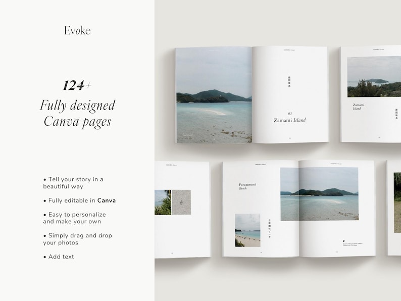 Minimalist travel photo book template in Canva featuring an Okinawa beach layout, DIY coffee table book design with modern editorial style and clean aesthetic pages, evoke layout studio