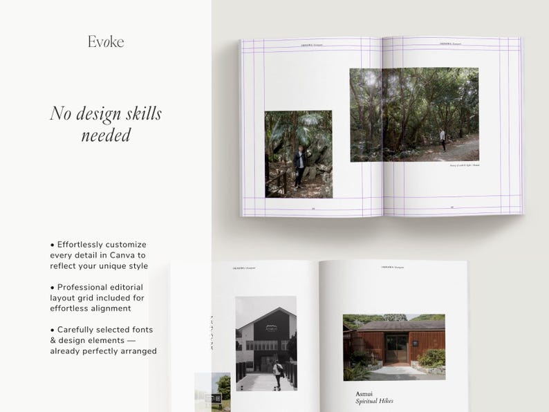 Minimalist travel photo book template in Canva featuring an Okinawa beach layout, DIY coffee table book design with modern editorial style and clean aesthetic pages, evoke layout studio