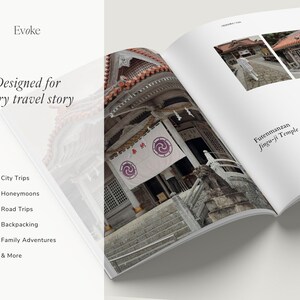 Minimalist travel photo book template in Canva featuring an Okinawa beach layout, DIY coffee table book design with modern editorial style and clean aesthetic pages, evoke layout studio