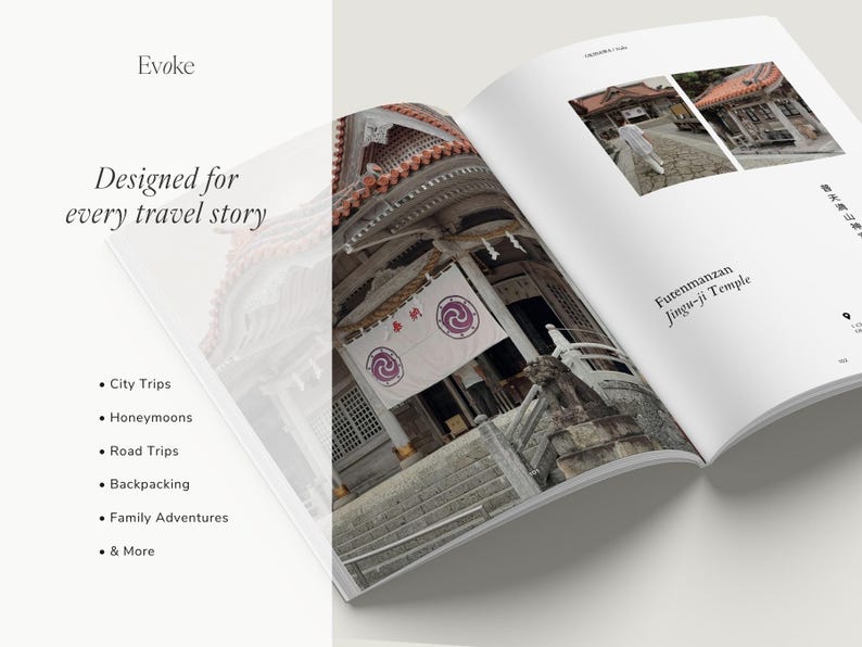 Minimalist travel photo book template in Canva featuring an Okinawa beach layout, DIY coffee table book design with modern editorial style and clean aesthetic pages, evoke layout studio