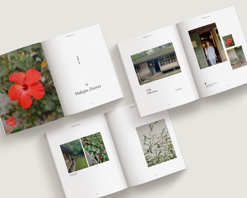 Minimalist travel photo book template in Canva featuring an Okinawa beach layout, DIY coffee table book design with modern editorial style and clean aesthetic pages, evoke layout studio