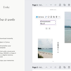 May include: A digital memory book template with the text "Evoke" and "How it works." Instructions include downloading, opening in Canva, personalizing, printing, and enjoying memories. The image also shows a beach scene.