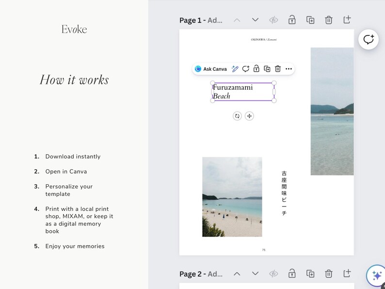 May include: A digital memory book template with the text "Evoke" and "How it works." Instructions include downloading, opening in Canva, personalizing, printing, and enjoying memories. The image also shows a beach scene.
