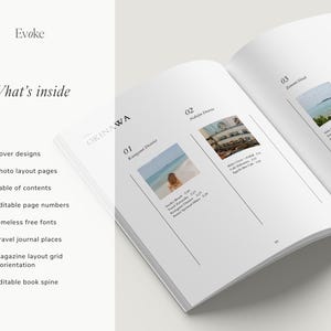Editable Canva travel magazine template preview featuring table of contents, photo layout pages, cover designs and professional editorial grid for a printable travel coffee table book by evoke layout studio