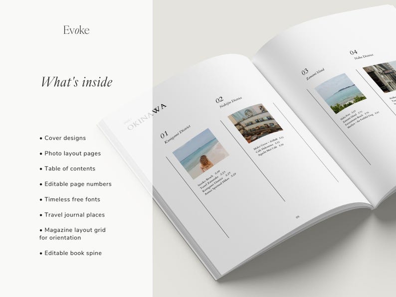 Editable Canva travel magazine template preview featuring table of contents, photo layout pages, cover designs and professional editorial grid for a printable travel coffee table book by evoke layout studio