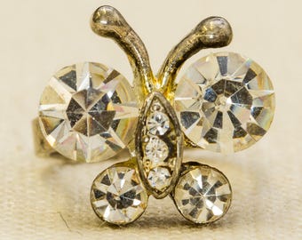 Butterfly Vintage Ring Silver Rhinestones Sparkly US Womens Size 5.5 7RI