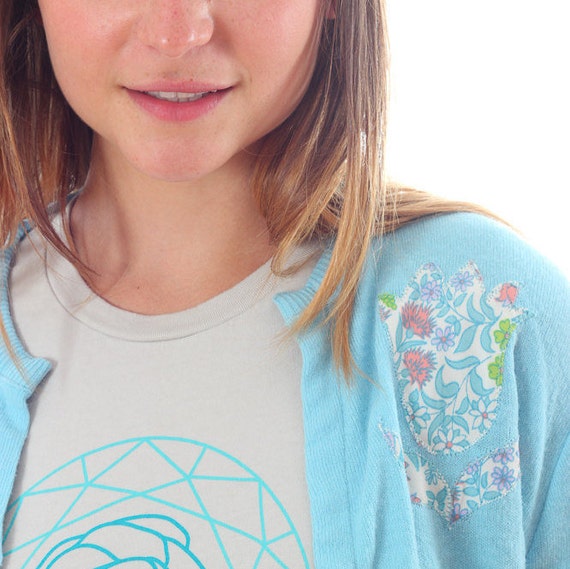Medium Large 1960s Vintage Cardigan Blue Embroider
