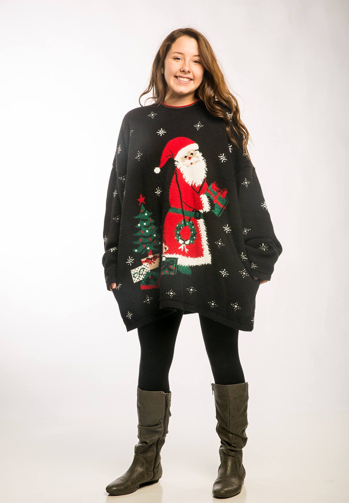 Oversized Vintage Ugly Christmas Sweater Santa Sweater Dress Metallic Green SIZE XXXL