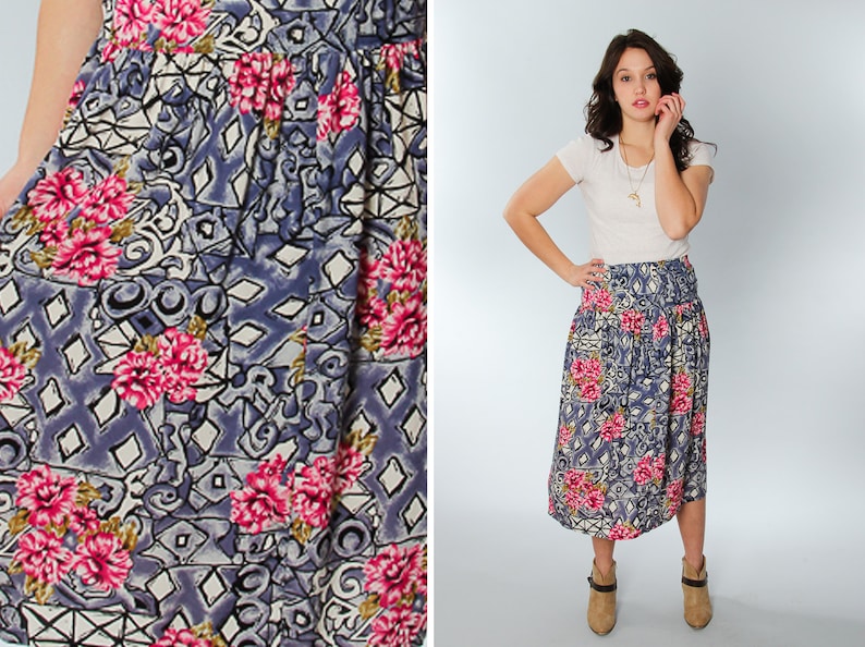 Medium Large Blue and Pink Vintage Floral Maxi Midi Skirt 5CC