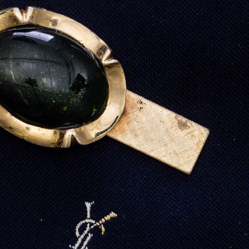 Green /& Gold Tie Clip Vintage Metallic Glitter Green Stone Men/'s Accessories Add On 7WW