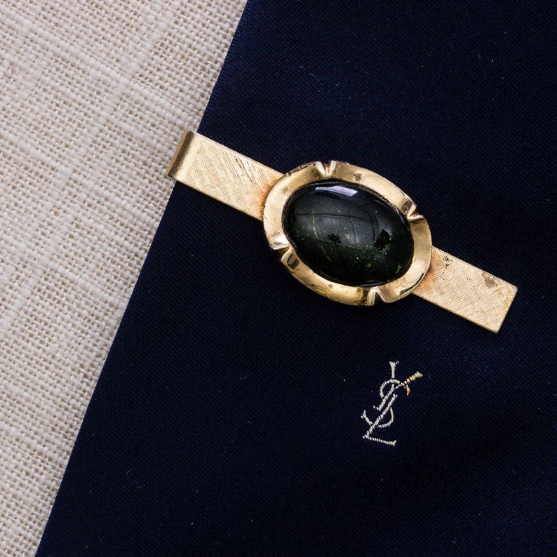 Green /& Gold Tie Clip Vintage Metallic Glitter Green Stone Men/'s Accessories Add On 7WW