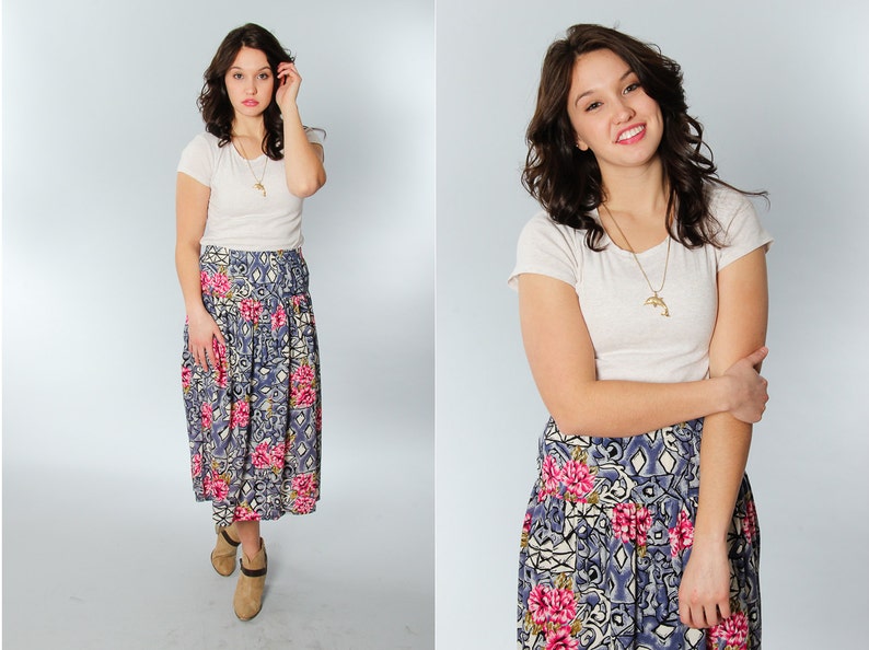 Medium Large Blue and Pink Vintage Floral Maxi Midi Skirt 5CC
