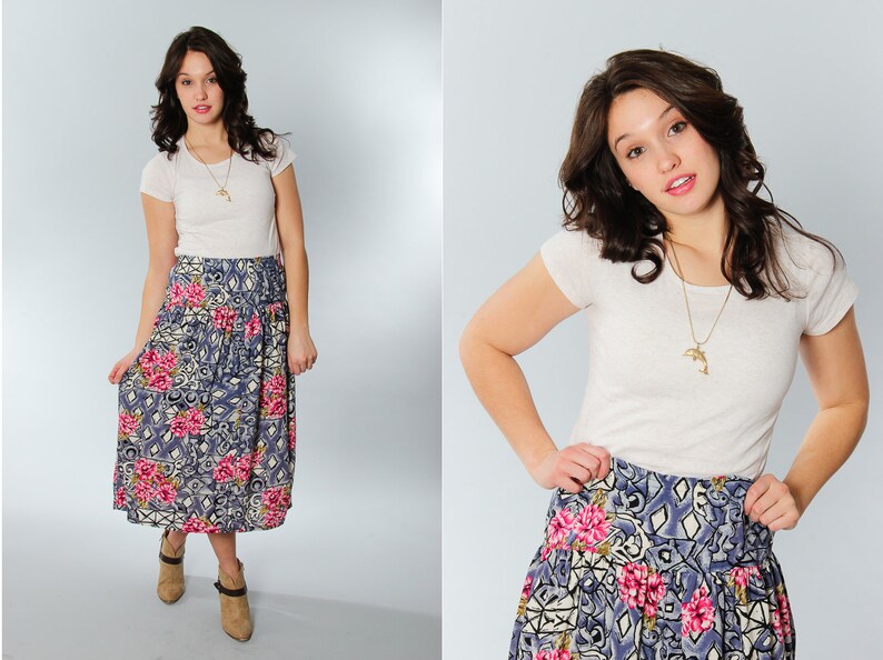 Medium Large Blue and Pink Vintage Floral Maxi Midi Skirt 5CC