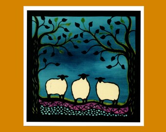 Three cream sheep  art card