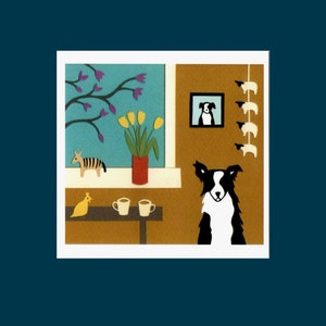 May include: A whimsical illustration featuring a black and white Border Collie dog. The scene includes a window with tulips, a zebra, and a bird. A framed dog portrait and sheep decorations are also present.