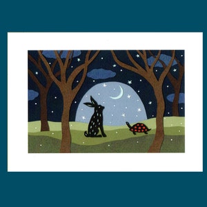 May include: A black rabbit and a red and black turtle sit in a forest under a crescent moon and a starry night sky.