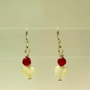 Red jade and white mother of pearl heart sterling silver earrings image 3