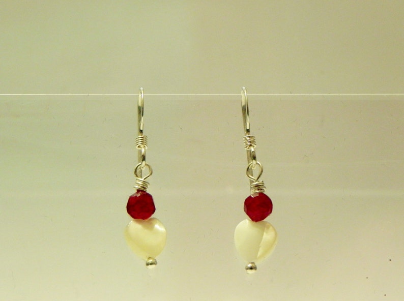 Red jade and white mother of pearl heart sterling silver earrings image 3
