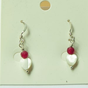 Red jade and white mother of pearl heart sterling silver earrings image 2