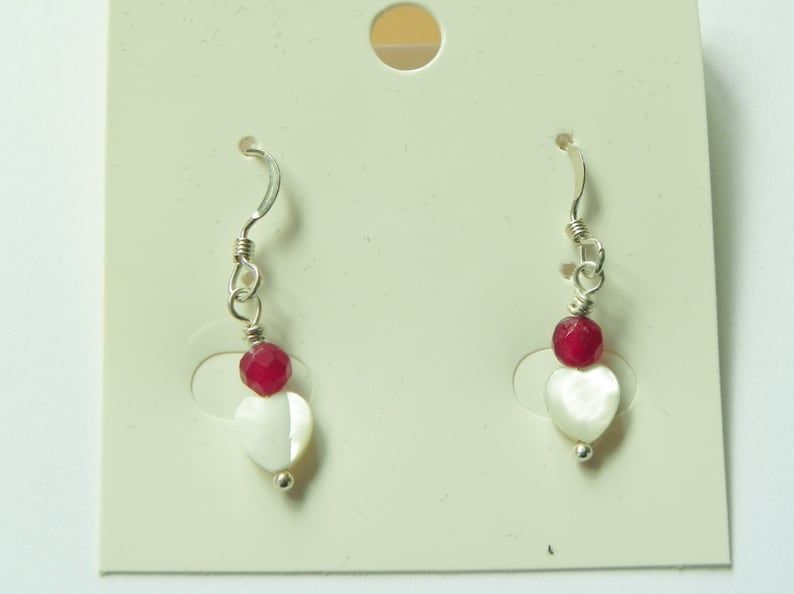 Red jade and white mother of pearl heart sterling silver earrings image 2