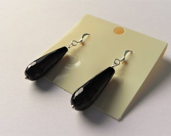 Black agate elongated drop gemstone sterling silver earrings