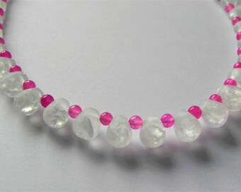 Frosted clear crackled quartz and pink dyed quartz gemstone necklace.