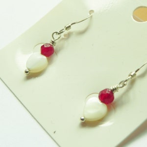 Red jade and white mother of pearl heart sterling silver earrings image 1