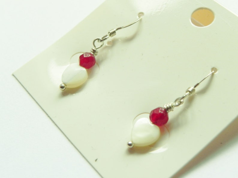 Red jade and white mother of pearl heart sterling silver earrings image 1