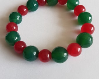 Green agate and Red jade stretch gemstone bracelet.