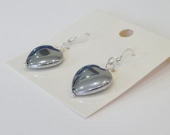 Silver plated hematite heart gemstone drop sterling silver earrings|heart earrings|silver earrings|hematite earrings|haematite earrings