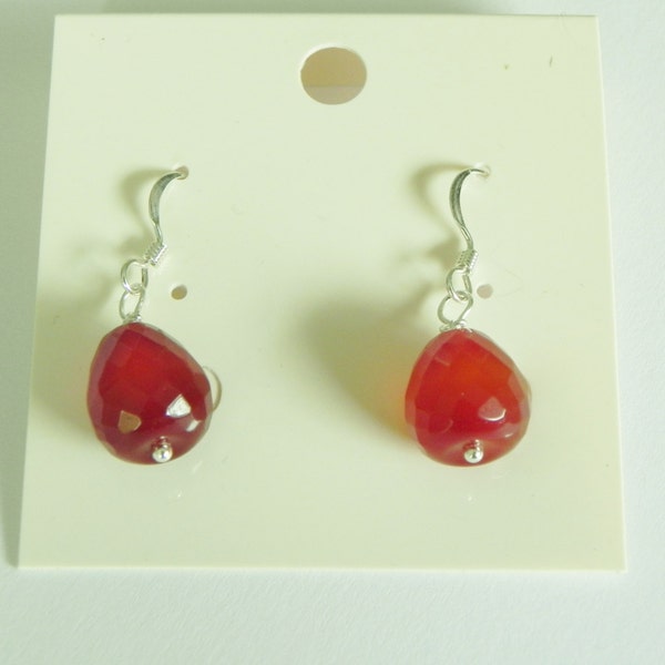 Red agate gemstone sterling silver earrings|faceted apple cut|burnt orange tone|autumn|fall colours|faceted gemstone earring|orange gemstone