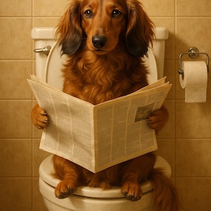 Funny Dachshund Dog Bathroom Wall Art – Quirky Toilet Humor Print with Newspaper – Playful Pet Decor for Bathroom