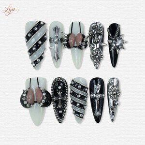 Gothic Chrome Press On Nails, Black Silver Cross Spiked Stiletto Statement Set