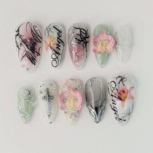 Handmade Chrome Floral Almond Nails, Gothic Script 3D Silver Art