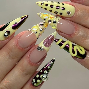 Neongula kromabstrakta naglar, 3D-gelstrass i statement-set