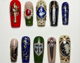 Uñas postizas Royal Gothic, Cruz de espada medieval, Conjunto de armadura barroca con gemas 3D