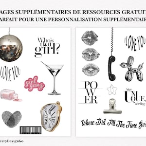 May include: Two-page digital art print with various graphics. Includes a disco ball, martini glass, lips, phone, and a balloon dog. Text includes "Who's that girl?", "Girl Gang", "I Love You", "Power", and "Where Did All The Time Go?"
