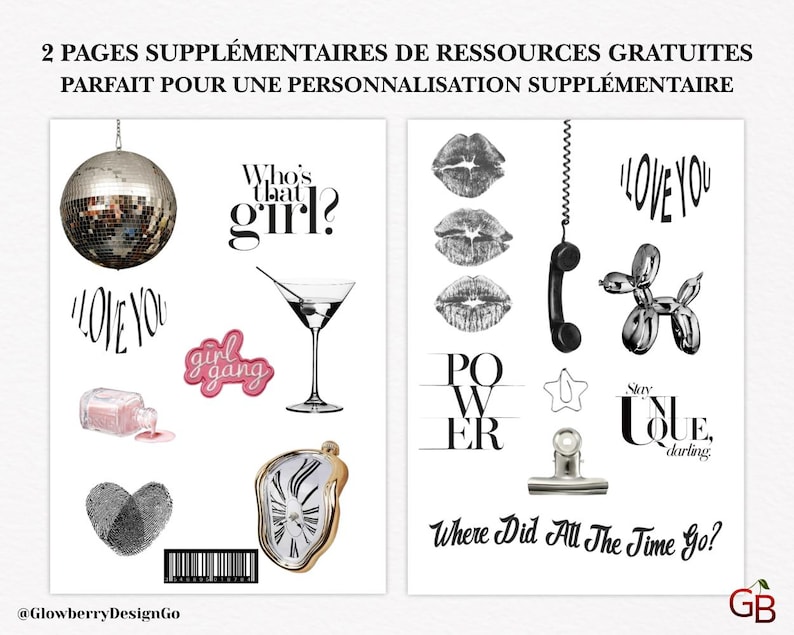 May include: Two-page digital art print with various graphics. Includes a disco ball, martini glass, lips, phone, and a balloon dog. Text includes "Who's that girl?", "Girl Gang", "I Love You", "Power", and "Where Did All The Time Go?"