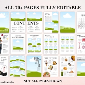 Op de afbeelding: Een verzameling digitale sjablonen met een lichtblauw en groen kleurenschema. De sjablonen bevatten pagina's voor een tijdschrift, kalender en andere lay-outs. Tekst bevat "ALLE 70+ PAGINA'S VOLLEDIG BEWERKBAAR", "INHOUD" en "APRIL".
