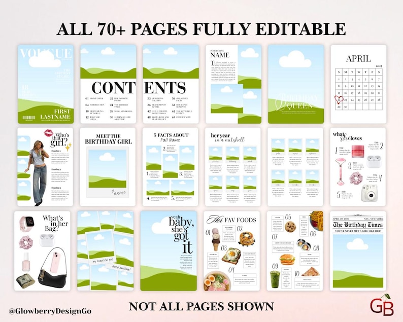 Op de afbeelding: Een verzameling digitale sjablonen met een lichtblauw en groen kleurenschema. De sjablonen bevatten pagina's voor een tijdschrift, kalender en andere lay-outs. Tekst bevat "ALLE 70+ PAGINA'S VOLLEDIG BEWERKBAAR", "INHOUD" en "APRIL".