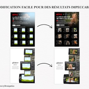 Puede incluir: Imagen de un concepto de dise&ntilde;o de antes y despu&eacute;s. La parte superior presenta una interfaz de Netflix con el texto "LA PLUS GRANDE DE TOUS LES TEMPS". La parte inferior muestra un dise&ntilde;o con la palabra "gloire".