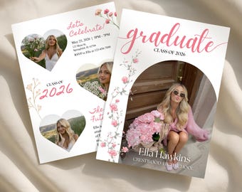 Plantilla de anuncio de graduación / Tarjeta fotográfica para alumna de último año de la promoción de 2026 / Plantilla editable de Canva / Plantilla imprimible de invitación de graduación